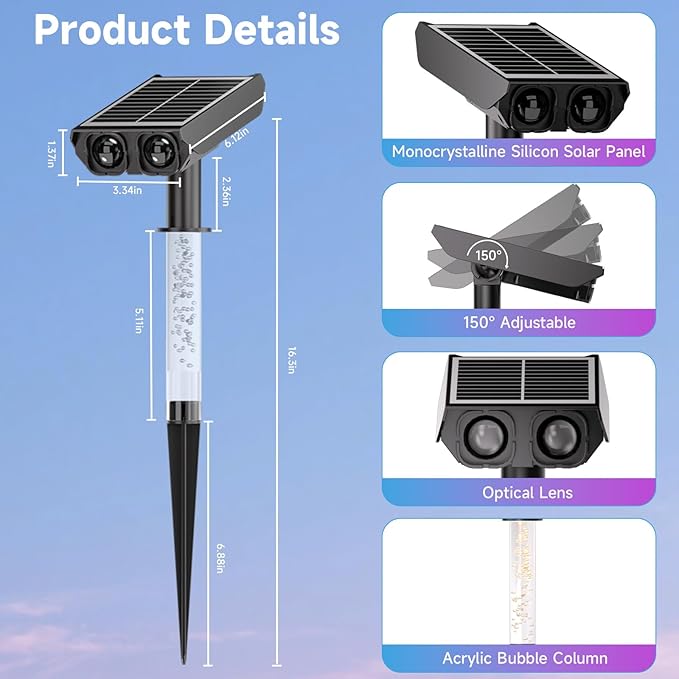 RGB Solar Spot Lights Outdoor with PC Light Guide Column, 8 Lighting Modes Christmas Landscape Lighting, IP65 Waterproof Solar Color Changing Lights Outdoor for Garden Yard Tree Pathway, 6Pack