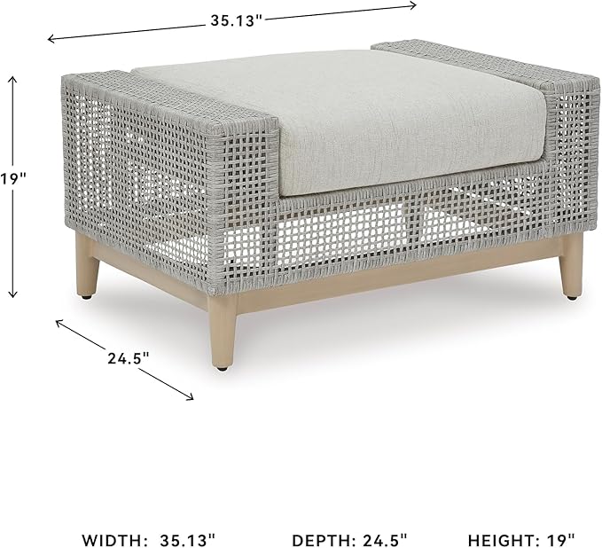 Signature Design by Ashley Seton Creek Casual Nuvella Weather Resistant Fabric Outdoor Ottoman with Cushion, Light Gray & Light Brown
