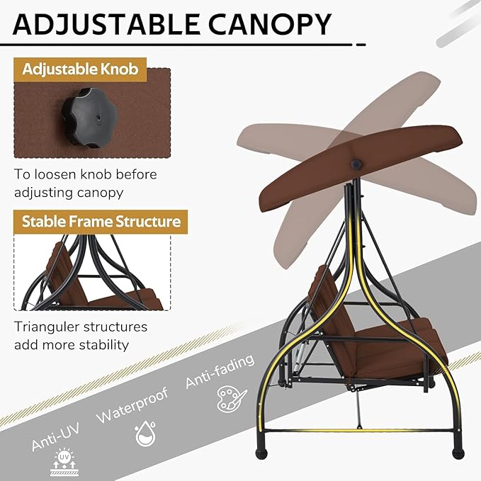 U-MAX Porch Swing with Cover, Patio Swing with Adjustable Backrest&Canopy 3 Seat Outdoor Swing with Canopy 2-in-1 Convertible Patio Daybed with Removable Brown Cushions