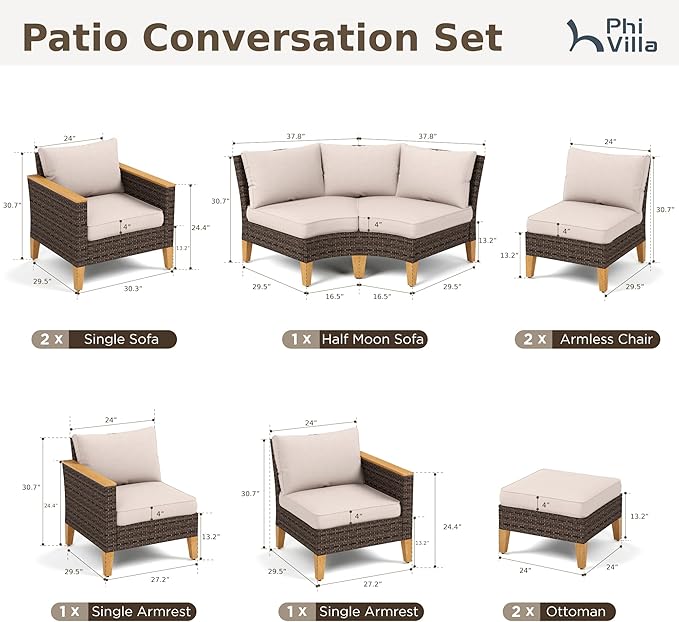 PHI VILLA 9-Piece Wicker Patio Furniture Set, Outdoor Half-Moon Curved Sectional Sofa with Thick Beige Cushions, 2 Ottomans, 2 Single Seats, Large Conversation Seating for Garden or Backyard