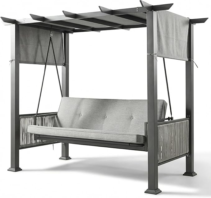 Pamapic 2-in-1 Convertible Porch Swing Bed, 3-Seat Elegant Patio Swing with Wicker Armrests, Outdoor Chair with Adjustable Canopy for Balcony, Garden, and Poolside, Gray
