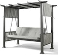Pamapic 2-in-1 Convertible Porch Swing Bed, 3-Seat Elegant Patio Swing with Wicker Armrests, Outdoor Chair with Adjustable Canopy for Balcony, Garden, and Poolside, Gray