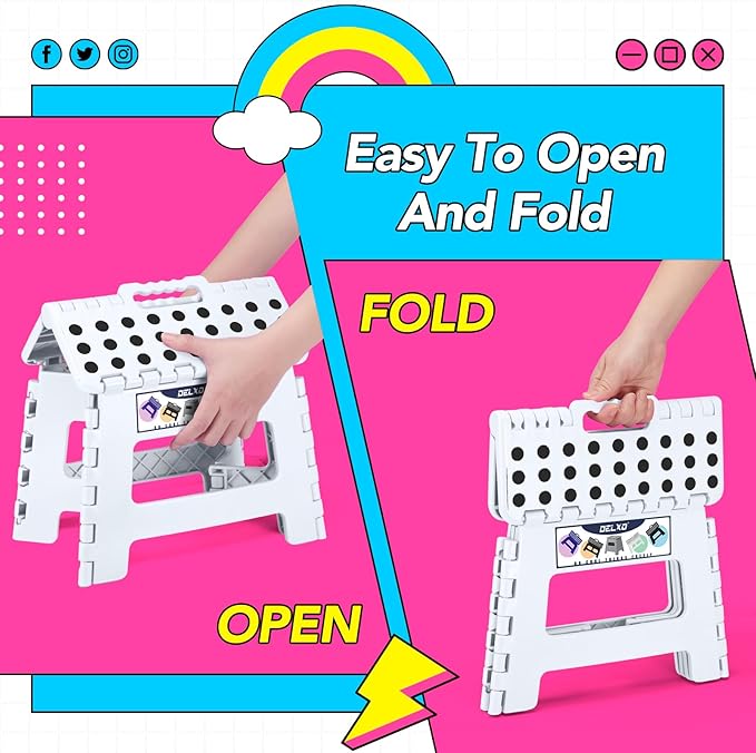 Delxo 9 Inch Folding Step Stool,White Step Stools for Kids Foldable,Portable Collapsible Step Stool with Handle, Folding Stool for Kitchen Bathroom,Bedroom,Garden