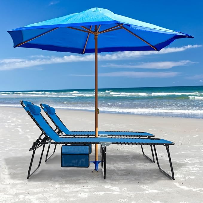 GYMAX Lounge Chairs for Outside, Extra High Folding Beach Tanning Lounger with Adjustable Backrest, Footrest & Removable Pillow, Sunbathing Lounge for Patio, Poolside (2, Navy with Pocket)