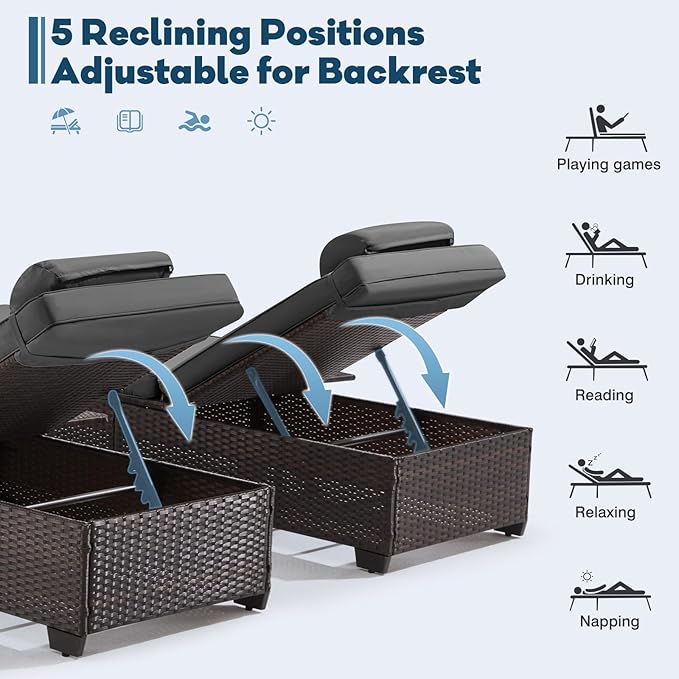 Outdoor Lounge Chairs, Pool Lounge Chairs Set of 2, Outdoor Chaise Lounge with Adjustable Backrest & Cup Holder,Grey Cushiom