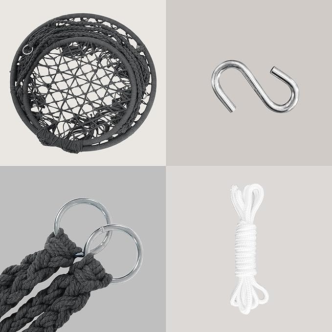 SUNCREAT Hammock Chair Hanging Macrame Swing with Hardware Kits, Max 330 Lbs, Handmade Knitted Mesh Rope Swing Chair for Indoor, Outdoor, Bedroom, Patio, Yard, Garden, Pack of 2, Grey