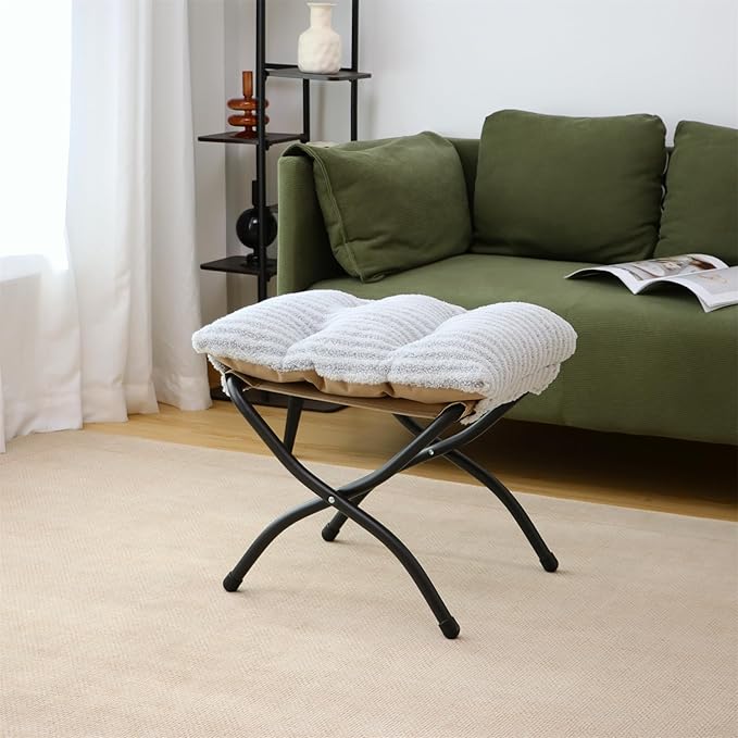 15"(H) Folding Ottoman, Foldable Footrest Stool, Portable Small Foot Stool for Couch, Collapsible Foot Rest Ottoman for Sofa, Accent Padded Ottomans for Living Room, Bedroom, Stripe Grey