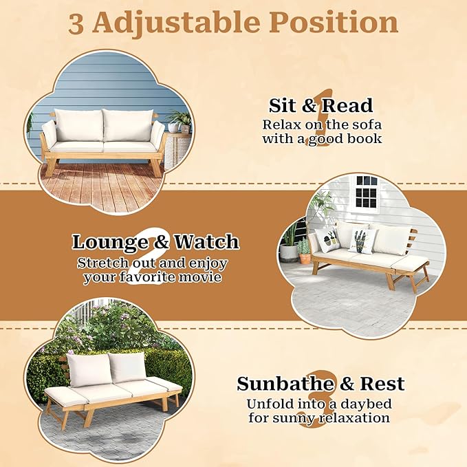 S AFSTAR Patio Convertible Couch Sofa Bed, Acacia Wood Chaise Lounger with Adjustable Armrest, Cushion & Pillows, Outdoor Daybed Loveseat Furniture for Backyard, Garden, Poolside, Porch