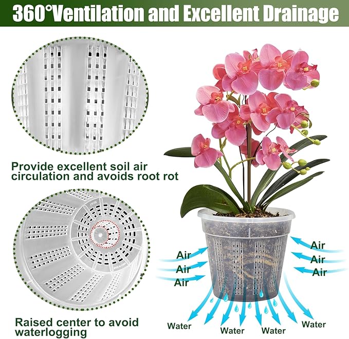 Orchid Pot with Saucers, 6 Packs of 4.3" Orchid Pots with Holes, Orchid Pots for Repotting, Plastic Orchid Planter for Indoor Outdoor Plants (6 Packs, 4.3" with Saucers)