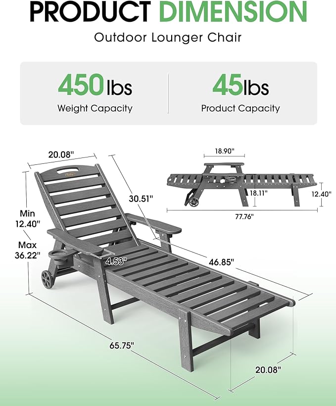 Lounge Chair Outdoor Set of 2, HDPE Chaise Lounge Outdoor, Pool Lounge Chair for Pool Poolside Deck Backyard Patio, Dark Grey