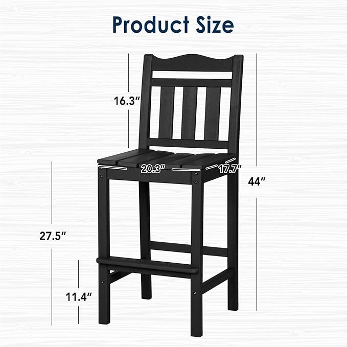 nalone Outdoor Bar Stools Set of 2, HDPE 44 Inch Tall Adirondack Chairs Bar Chairs, Weather Resistance Bar Height Chair for Balcony, Garden, Yard, Backyard (Black, Bar Chairs Set of 2)