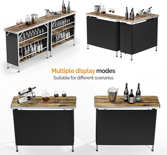 VINGLI 43" Portable Bar Table with Pole, 3-Tier Shelves, Mobile Bar Table for Events, Party, Camping, Picnic, Tradeshow, Indoor with Black Skirt