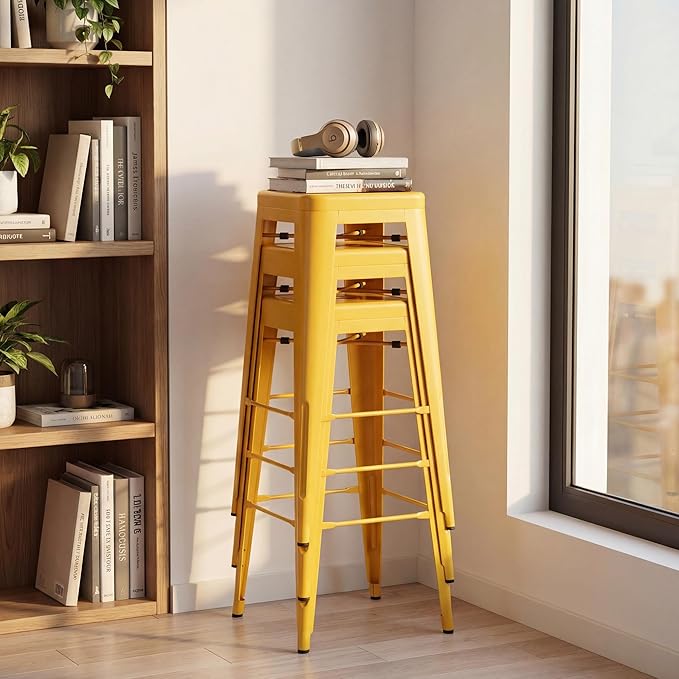 Shahoo 30 Inches Metal Bar Stools Counter Height Stackable Backless Stools, Industrial Patio Stools Indoor Outdoor Metal Kitchen Stools Set of 4 (Yellow, 30'')