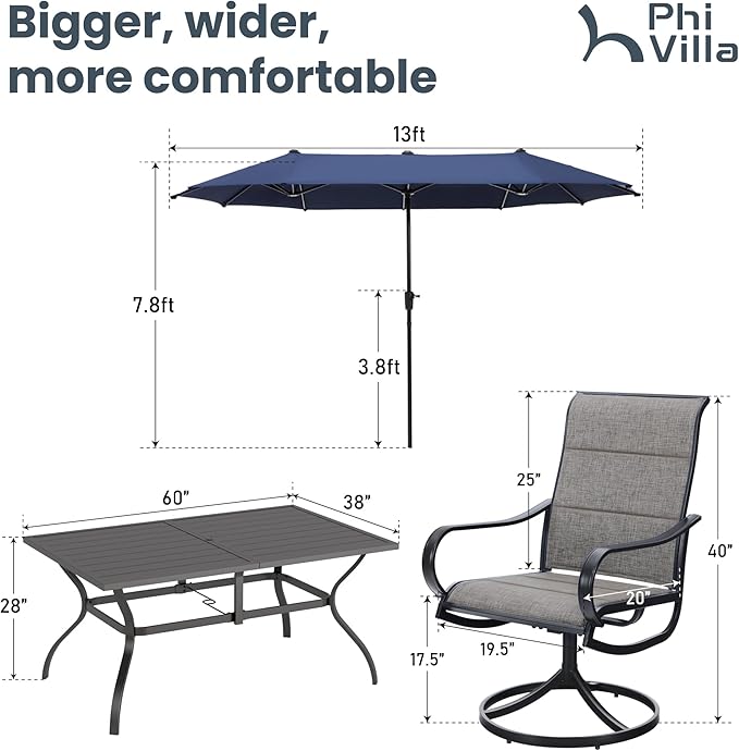 PHI VILLA Swivel Chair Patio Dining Set with 13ft Outdoor Navy Blue Umbrella, 6 Padded Textilene Armrest Dining Chair and 1 Large Metal Table, Outdoor Table Chair Dining for Patio Lawn Garden