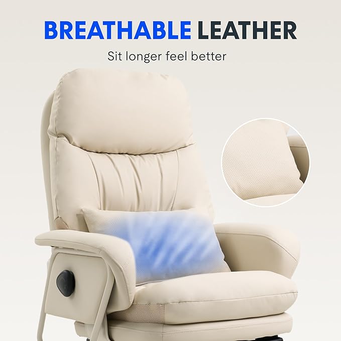 FLEXISPOT Luno 2-in-1 Chaise Lounge Chair Indoor with Wheels Footrest 90-165° Reclining Lumbar Support, Home Office Chairs for Living Room Bedroom Study Working Relaxing, Leather, Beige White