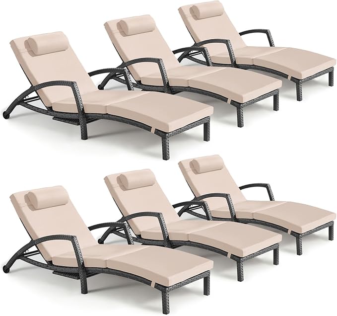 Chaise Lounge Chairs Outdoor Comfy Outside Wicker Patio Pool Lounge Chair w/ 5 Adjustable Back Angle Cup Holder Thicken Cushion (Gray/Khaki, 6 Chairs)