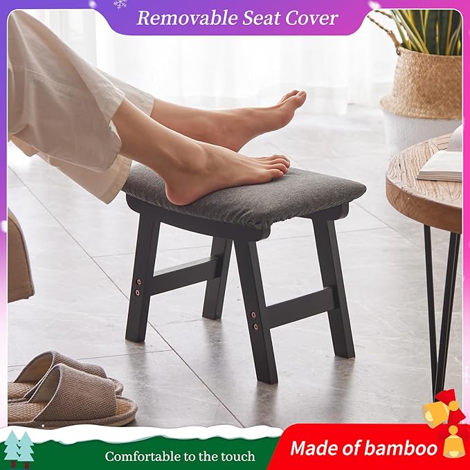 Foot Stool,Ottoman,Bamboo Small Sofa Foot Rest Under Desk,Extra Seating for Living Room, Bedroom and Kitchen (Black Stool Legs - Gray Surface)