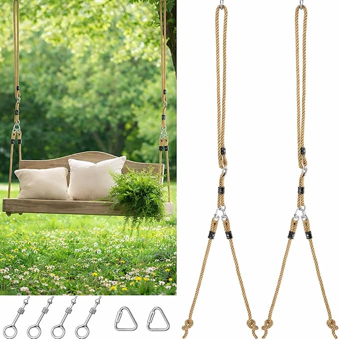 2 Pack Porch Swing Rope Kit Swing Bed Straps Holds 800 lbs Adjustable Polypropylene Rope Heavy Duty Claws for Porch Garden Playground(118 Inches, 9.84ft)