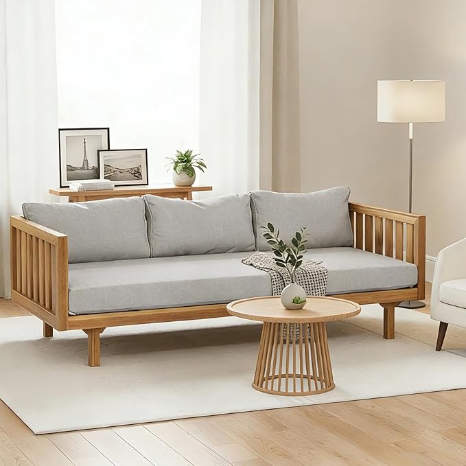 Merax Solid Acacia Wood Couch Chaise Lounge Chair Indoor, 3 Seater Daybed Sofa Couches with Cushions & Pillow, Heavy Frame Day Bed for Living Room, Office, Outdoor, Balcony, Patio, Water Resistant