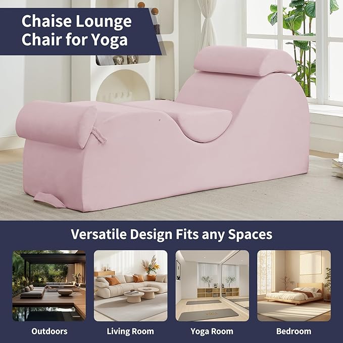 ijuicy Sleek Chaise Lounge Chair for Exercise, Indoor Lounger with Headrest, Waist Cushion, Movable Footrest, Side Pockets, Non-Slip Bottom, High Density Sponge, Pink