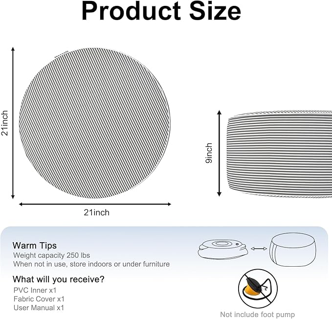 Inflatable Ottoman Stool D21 xH9 for Outdoor/Indoor Use, Water Repellent Patio Foot Rest Stool with Portable Handle,Round Pouf Ottoman Suitable for Garden,Deck and Camping - Stripe Grey