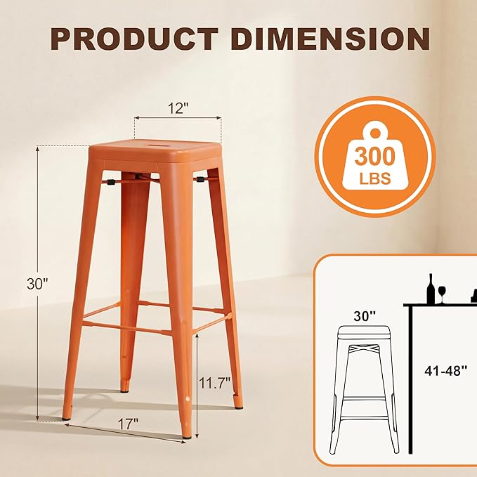 Shahoo 30 Inches Metal Bar Stools Counter Height Stackable Backless Stools, Industrial Patio Stools Indoor Outdoor Metal Kitchen Stools Set of 4 (Orange, 30'')