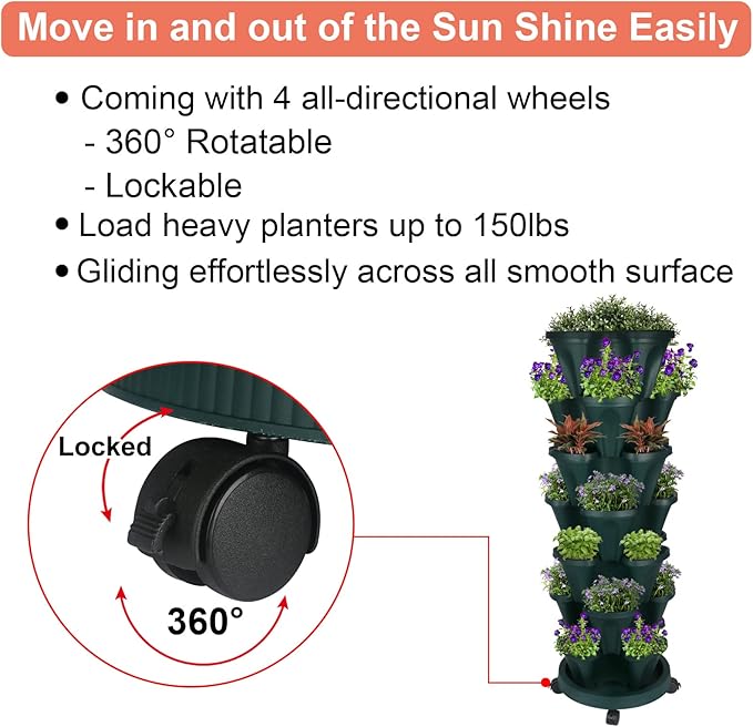 GameXcel Vertical Planter 7 Tier Stackable Planters Garden Planters Strawberry Herb Flower and Vegetable Planter Indoor Outdoor Gardening Pots with Removable Wheels and Tools - Green
