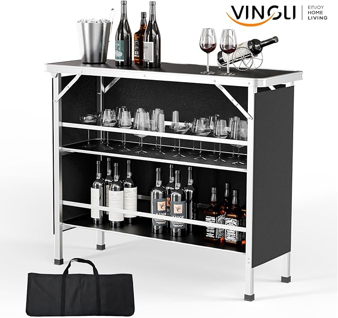 VINGLI 43" Portable Bar Table, 3-Tier Shelves, Mobile Bar Table for Events, Party, Camping, Picnic, Tradeshow, Indoor with Black Skirt (2, 43")