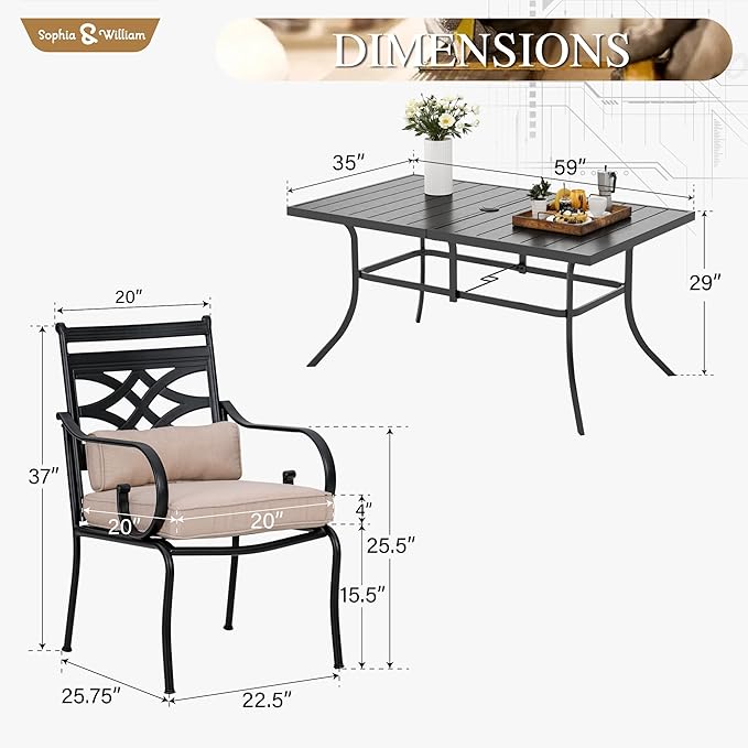 Sophia and William Outdoor Patio Dining Set for 6, Outdoor Table and Chairs, Removable Seat Cushions, 59" Black Patio Dining Table