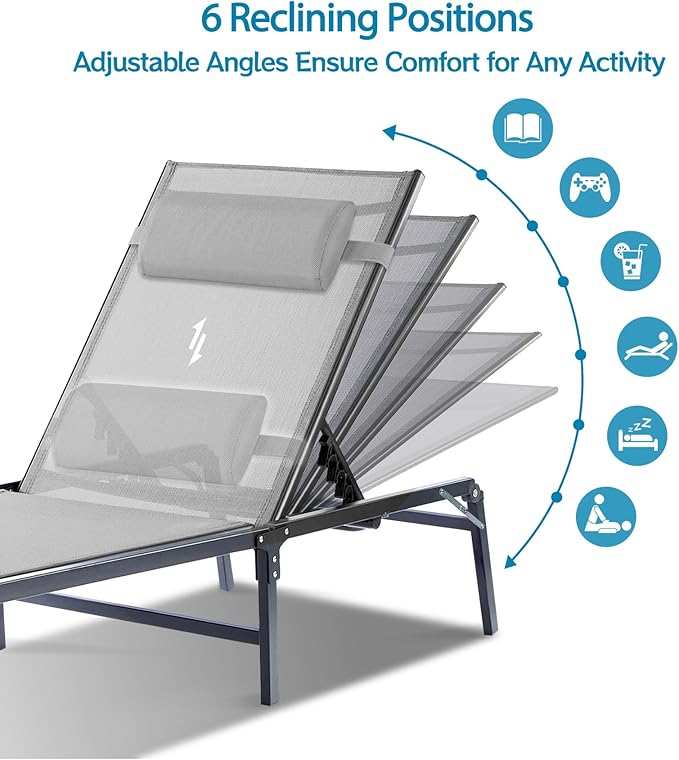 Foldable Chaise Lounge Chair with Cup Holder, Assemble-Free Outdoor Lounge Chair with Detachable Pillow and 6 Adjustable Backrest, Patio Lounge Chair for Outside Poolside Beach Pool, Grey