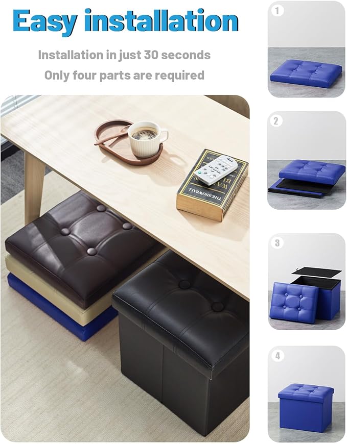 AmasSmile Storage Ottoman Foot Rest Stool, 17 inch Folding Leather Footstool Bench, Short Ottoman Stool, Blue Storage Foot Rest Store, Books