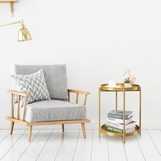 danpinera 2-Tier End Table, Outdoor Side Table, Metal Round Desk with Removable Tray, Small Folding Accent Desk, Anti-Rust Nightstand for Bedroom Balcony Patio Living Room, Set of 2 (Gold)