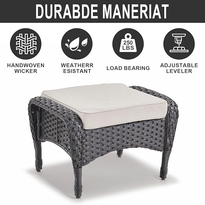 Belord Outdoor Ottomans for Patio Foot Rest - 25 Inch PE Wicker Foot Stool Set of 2 with Removable Cushions for Patio Furniture Sets,All Weather Rattan Ottoman for Balcony Deck Backyard Black