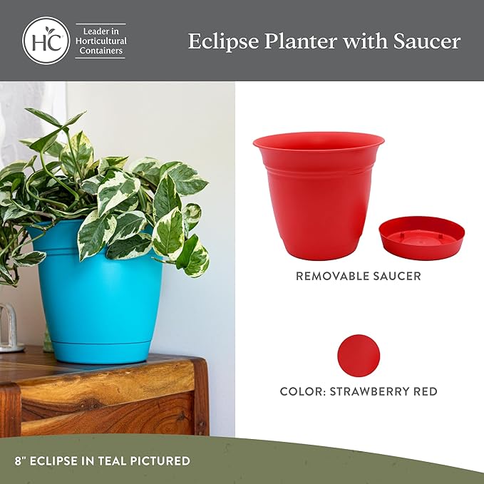 The HC Companies 8 Inch Eclipse Round Planter Pots with Drainage Holes & Attached Saucer, Lightweight UV-Resistant Plastic Indoor & Outdoor Planters, 4-Pack Flower Pots for Garden & Home Decor, Red