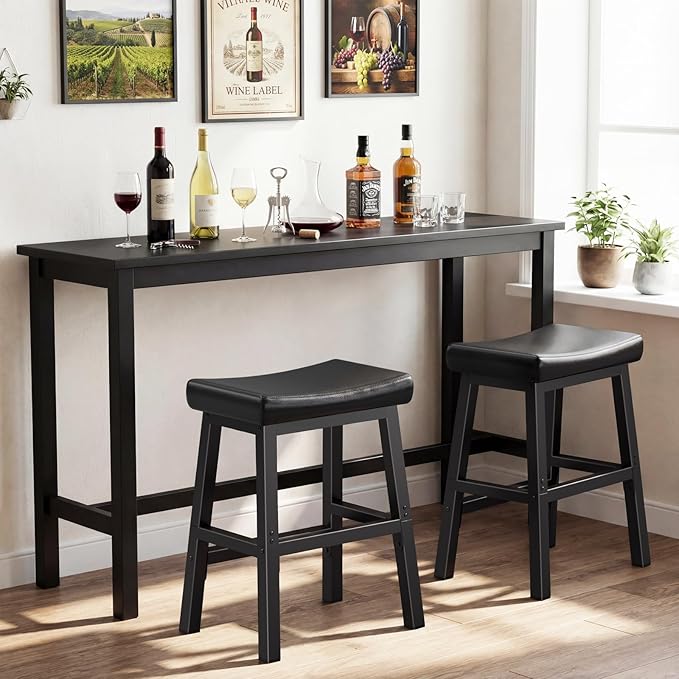 24 Inch Bar Stools for Kitchen Island, Kitchen Chairs Counter Height Stools with Footrest, Black Saddle Leather Barstools Heavy Duty for Dining Table Farmhouse Outdoor, 1 PC