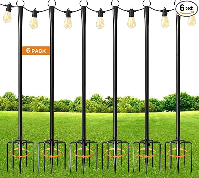 6 Pack 9FT String Light Poles for Outdoor,Metal Lights Hanging Pole Outside with Fork,Light Stand for Patio, Pergola, Garden, Backyard, Yard, Camping Party