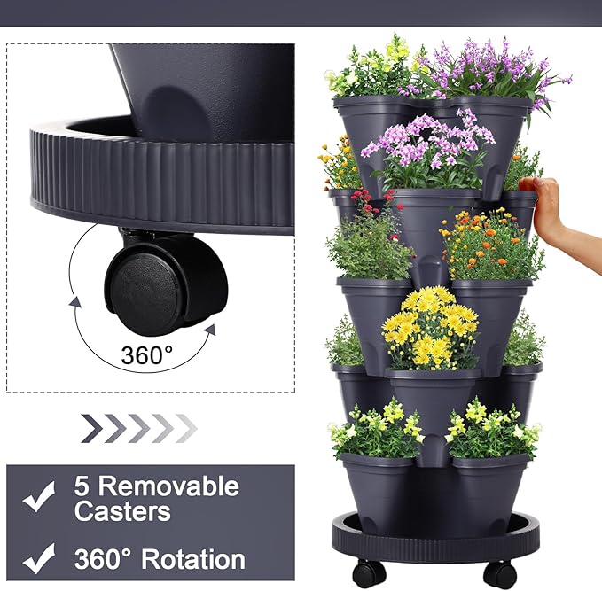 Umigy 2 Set 5 Tier Stackable Planters Vertical Garden Planters for Strawberry Herb Flower and Vegetable Indoor Outdoor Gardening Pots with Removable Wheels and Bottom(Grey)