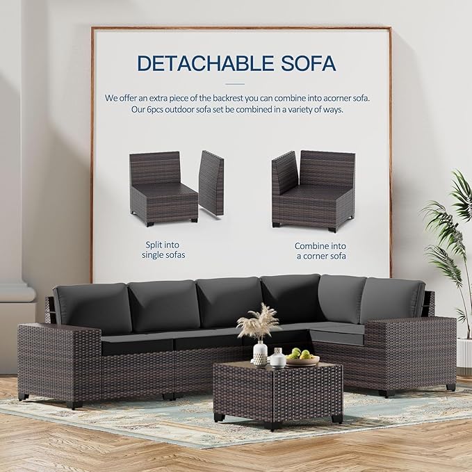Kullavik Outdoor Patio Furniture Set 6 Pieces Sectional Rattan Sofa Set Brown PE Rattan Wicker Patio Conversation Set with 5 Seat Cushions and 1 Tempered Glass Table,Black