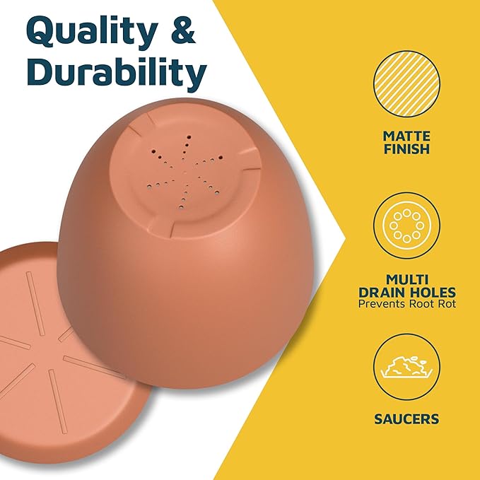 Terracotta Plant Pots with Drainage Holes & Saucers 3 Pack, Indoor & Outdoor Stackable Space-Saving Planters for Houseplants & Flowers, (7", 6.7", and 6" Inches), Durable & Weatherproof Materials