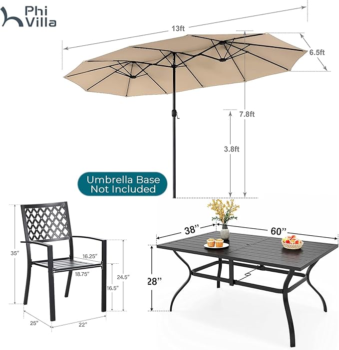 PHI VILLA 8 Piece Patio Dining Set with 13ft Double-Sided Patio Umbrella(Beige),Metal Outdoor Table Furniture Set with 6 Outdoor Stackable Chairs, 1 Rectangle Dining Table and 1 Large Beige Umbrella