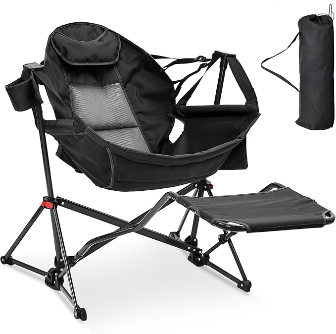 Ainfox Hammock Chair with Footrest, Oversized Swinging Portable Folding Camping Chairs for Adults Outside Swinging Camp with Cup Holder Pillow for Outdoor Patio Lawn Black