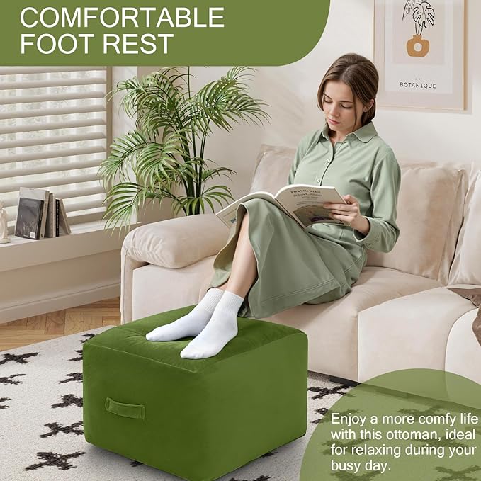 MeMoreCool Square Stuffed Pouf Ottoman Foot Rest, Floor Pouf Foot Stool with Foam Chunk Filling, Soft Stuffed Ottoman Footrest for Living Room, Green
