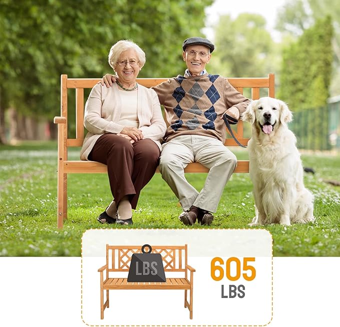 Outvita Wooden Garden Bench, Outdoor Wood Patio Bench, Rustic Two Person Loveseat Chair w/Armrest for Porch Poolside Park Backyard Balcony, Capacity 605Lbs, Grid Backrest