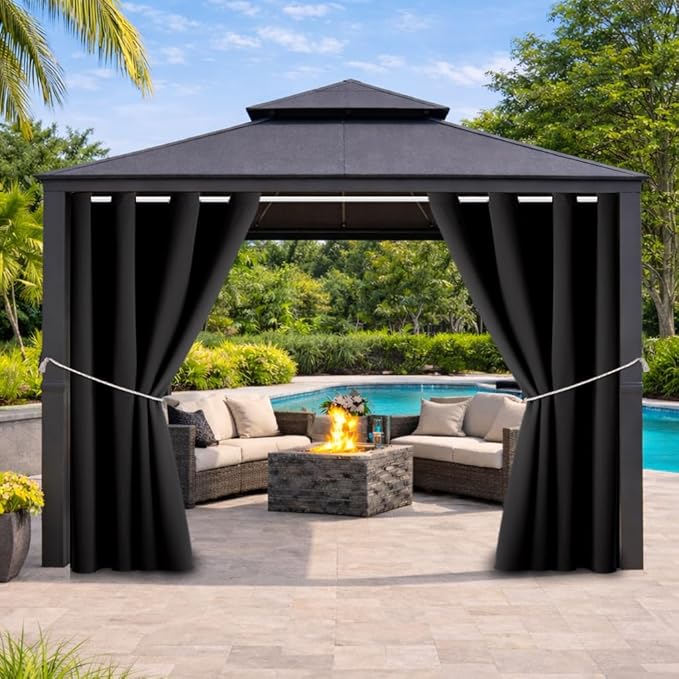 Waterproof Outdoor Curtain W52 x L84 - Grommet Top Sunlight Blocking Window Treatment Drapes Blackout Curtains for Home Bedroom Living Room Outdoor Patio Porch Pergola Cabana Gazebo (Black, 2 Panels)