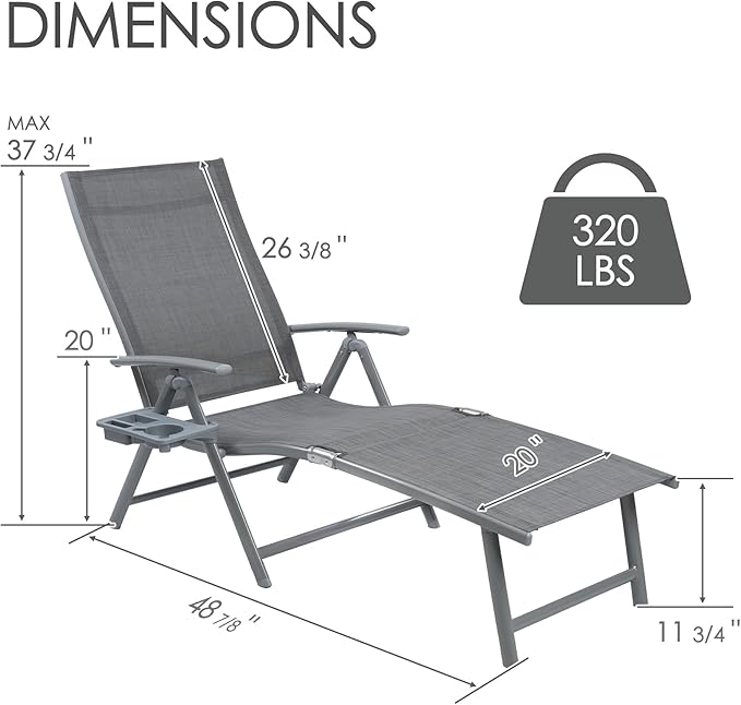 Kozyard Aluminum Outdoor Chaise Lounge Chair, Adjustable Reclining Patio Lounge with Drink Holder, Weather-Resistant Pool, Deck & Yard Recliner,Assemble-Free, Gray