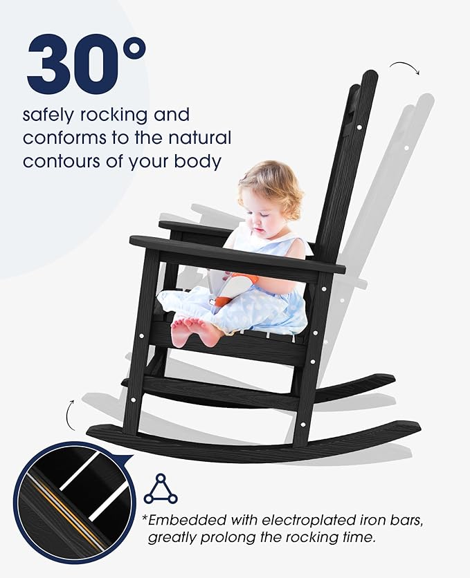 KINGYES Oversized Outdoor Rocking Chair, All-Weather Patio Rocking Chairs for Porch, HDPE Outdoor Patio Rockers with High Back & Wide Seat for Garden, Lawn, Black