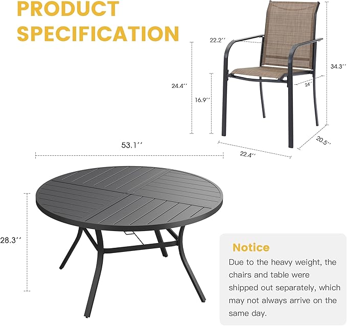 VICLLAX Patio Table and Chair Set of 8, All Weather Metal Round Outdoor Dining Furniture Set-53 Round Outdoor Table and Chairs, Black Tabletop