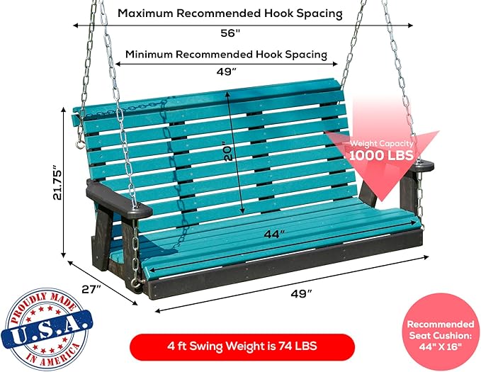 Poly Lumber Wood 4FT Porch Swing Amish Craftsmandship Made in USA HDPE with No wood fibers and 1000 lbs Limit. Stainless Steel hardware.Signature Rollback design for Patio Outdoor Backyard Garden Park