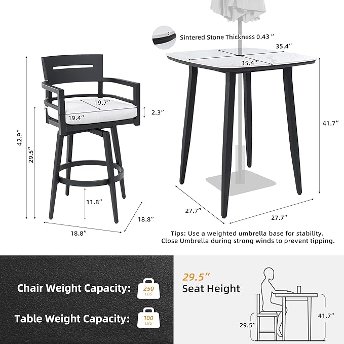 Modern 5PCS Outdoor Patio Bar Set, Rounded Square Sintered Stone Table & 4 Swivel Bar Chairs, Rust-Free Aluminum Frame, Ember Black, Marble-Inspired Top, Bearing Swivel Plate, Tapered Legs