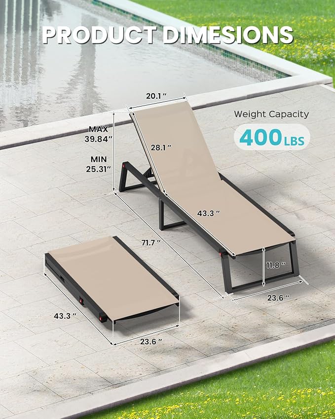 Aluminum Chaise Lounge Outdoor Set of 2, Foldable & No Assembly Patio Pool Lounge Chairs 5-Position Recliner for Outside Poolside, Fully Grounded Legs Sun Lounger for Pool, Beach, Yard, Khaki